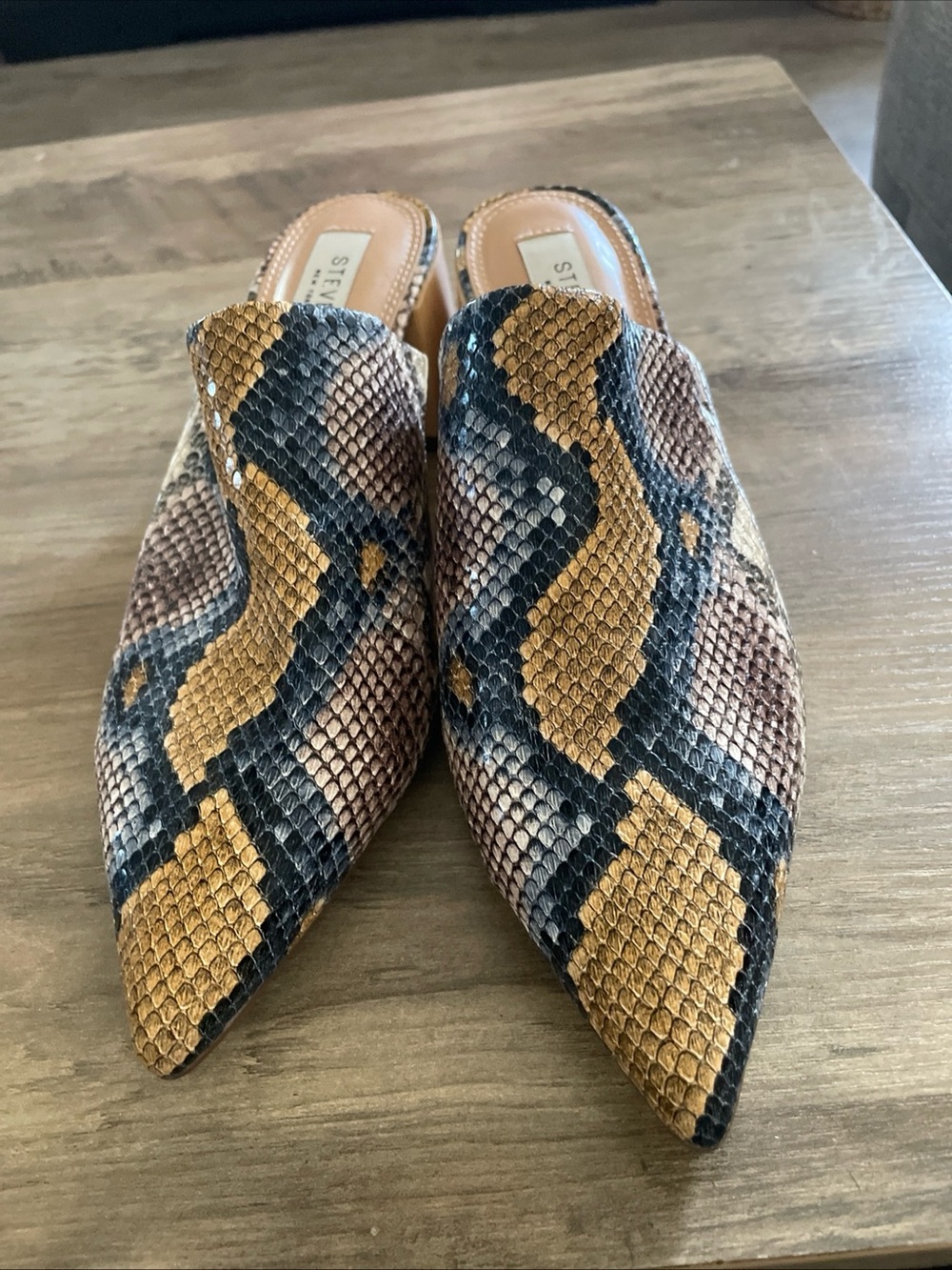 Steven by Steve Madden “FANNIE” Faux Snakeskin Block heel mules pointed toe sz 8